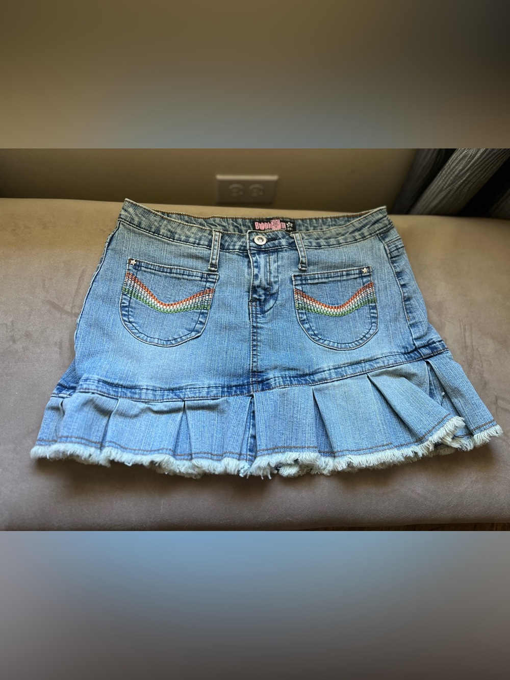 Bubblegum Light Blue Denim Mini Skirt Multicolor Embroidered Pockets, Ruffle
